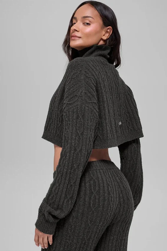 Cable Knit Cropped Winter Bliss Turtleneck Long Sleeve - Dark Heather
