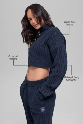 Cable Knit Cropped Winter Bliss Turtleneck Long Sleeve – Navy