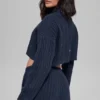 Cable Knit Cropped Winter Bliss Turtleneck Long Sleeve - Navy
