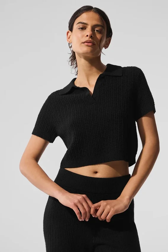 Cashmere Plush Waffle Polo Tee - Black