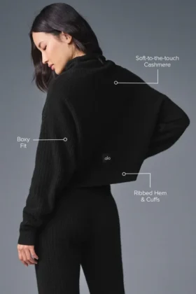 Cashmere Plush Waffle Turtleneck Pullover – Black