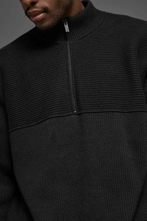 Domain Shift Rib Knit 1/4 Zip Sweater - Black