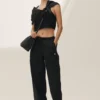 Linen Blend Riviera Wide Leg Pant - Black