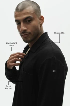 Linen Jersey Coastal Long Sleeve Button up – Black