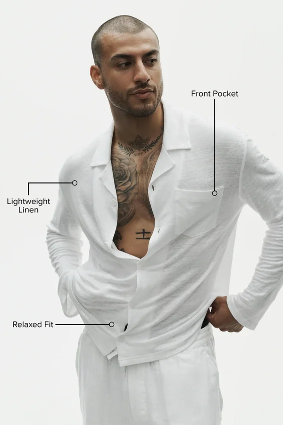 Linen Jersey Coastal Long Sleeve Button up - White