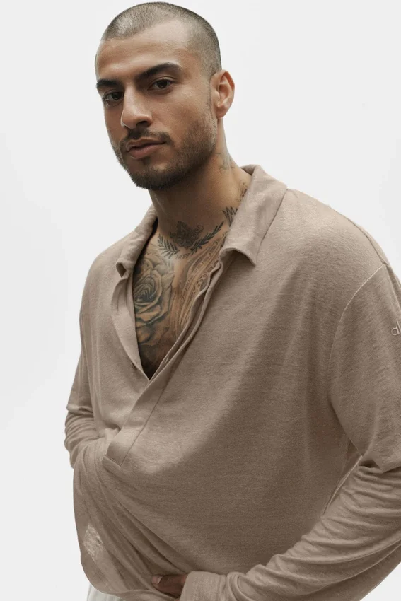 Linen Jersey Coastal Long Sleeve Pullover - Gravel