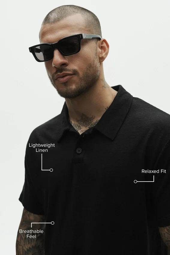 Linen Jersey Coastal Short Sleeve Polo - Black