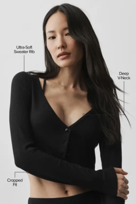 Ribbed Cropped Whisper Cardigan – Black