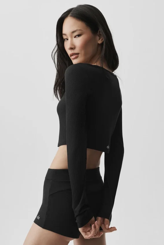 Ribbed Cropped Whisper Cardigan - Black