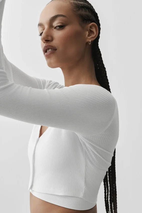 Ribbed Cropped Whisper Cardigan - White