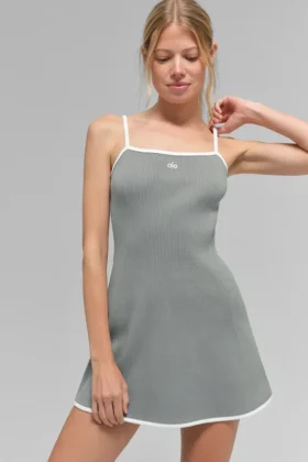 Ribbed Sweater Knit Highline Dress – Lunar Grey/White