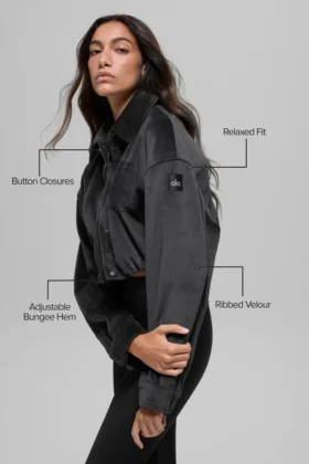Ribbed Velour Cropped Mountain Side Jacket – Black