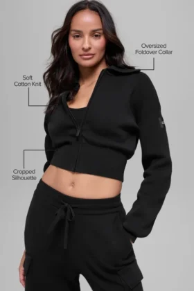 Scholar Knit Cropped Full Zip Jacket – Black