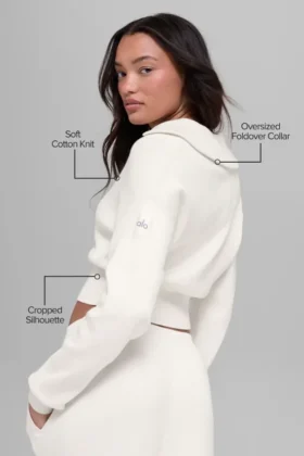 Scholar Knit Cropped Full Zip Jacket – Ivory