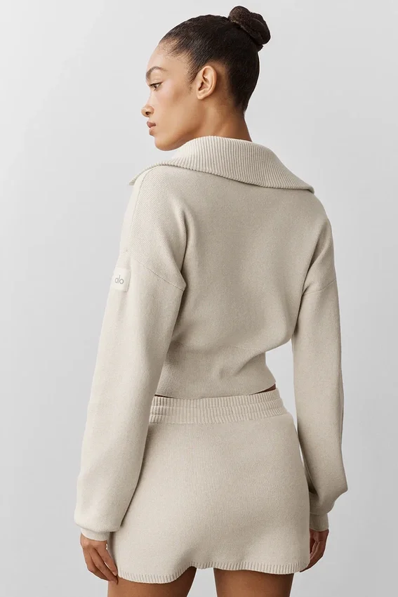 Scholar Knit Cropped Full Zip Jacket - Oatmeal Heather