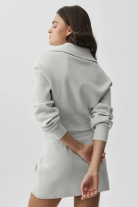 Scholar Knit Cropped Full Zip Jacket – White Heather