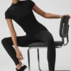 Seamless Pointelle Mock Neck Short Sleeve - Black