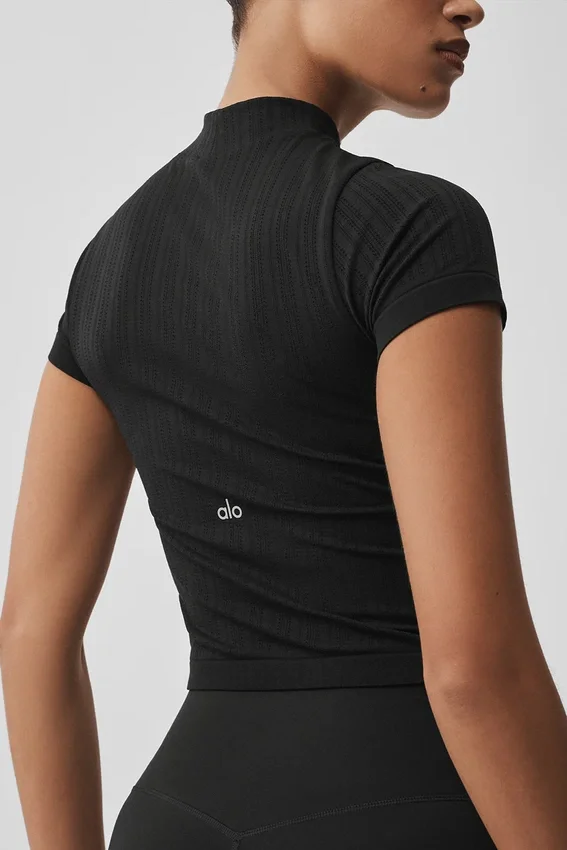 Seamless Pointelle Mock Neck Short Sleeve - Black