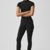 Seamless Pointelle Mock Neck Short Sleeve - Black