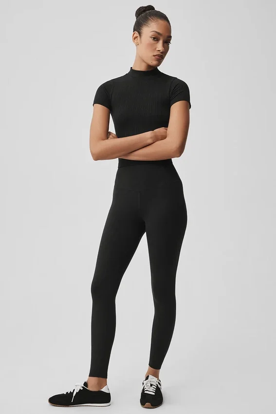 Seamless Pointelle Mock Neck Short Sleeve - Black