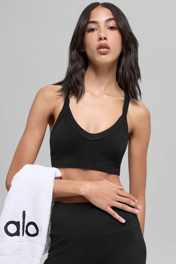 Seamless Two Tone Rib Bra - Black