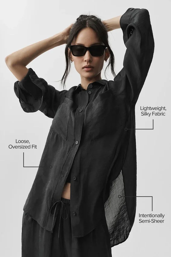 Semi-Sheer Golden Hour Button Down Long Sleeve - Black