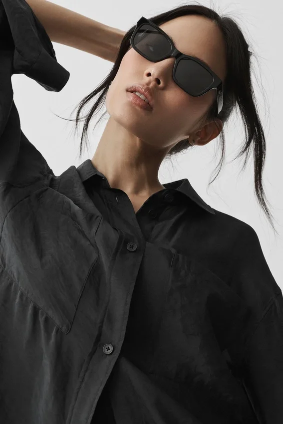 Semi-Sheer Golden Hour Button Down Long Sleeve - Black