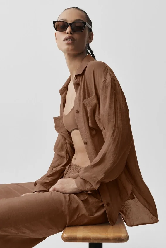 Semi-Sheer Golden Hour Button Down Long Sleeve - Sun Kissed Brown