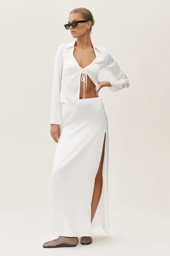 Silk Blend Radiance Long Sleeve Top - White