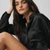 Silk Luminous Cropped Button Down Long Sleeve - Black