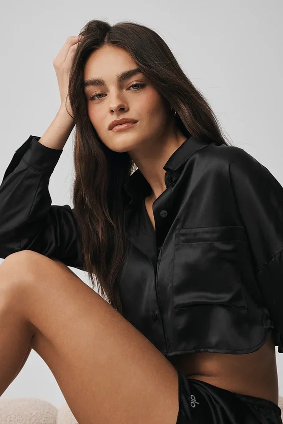 Silk Luminous Cropped Button Down Long Sleeve - Black