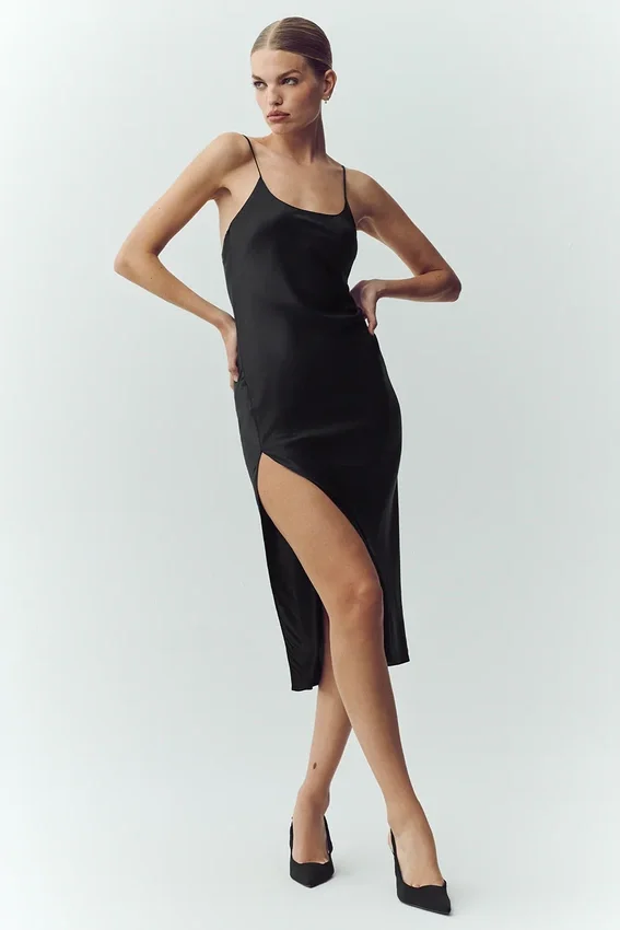 Silk Luminous Slip Dress - Black