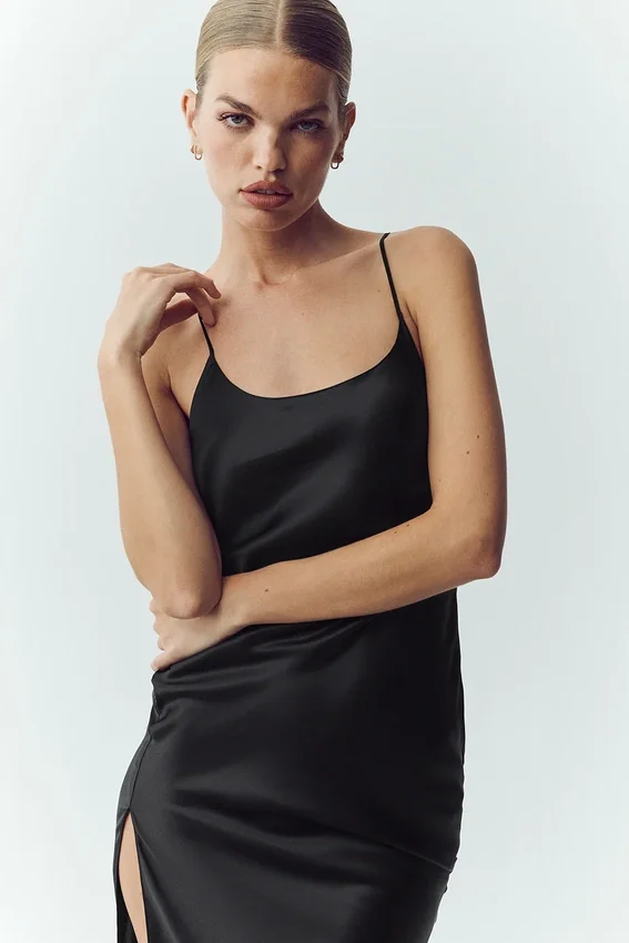 Silk Luminous Slip Dress - Black