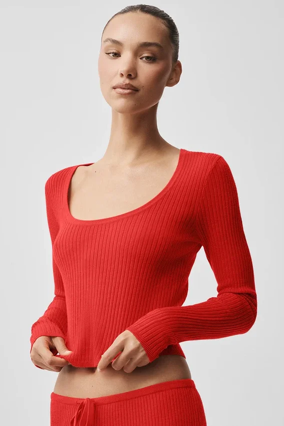 Sweater Knit Unwind Long Sleeve - Bright Red