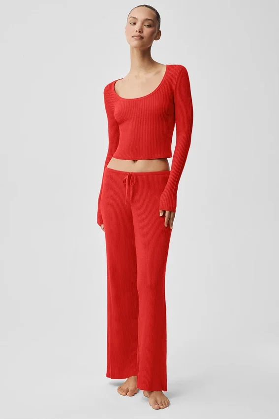 Sweater Knit Unwind Long Sleeve - Bright Red