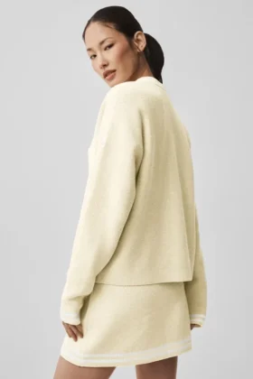 Tennis Club Sweater Knit Cardigan – Oatmeal/White