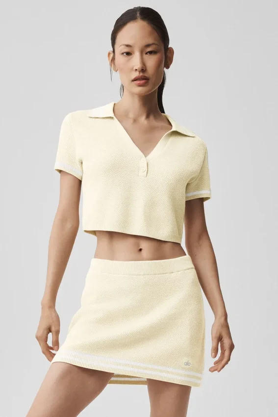 Tennis Club Sweater Knit Cropped Polo - Oatmeal/White