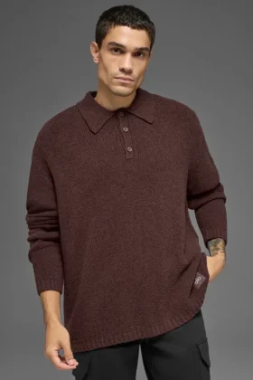 Textured Knit Long Sleeve Polo – Brownstone