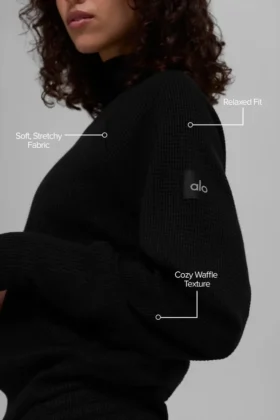 Waffle Weekend Escape Mock Neck Long Sleeve – Black