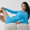 Wool Cashmere Ribbed Noble Full Zip Hoodie - Azure Blue