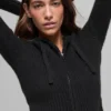Wool Cashmere Ribbed Noble Full Zip Hoodie - Black
